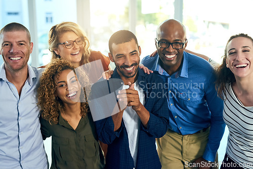 Image of Business people, diversity and portrait in office with smile for company collaboration, support or trust. Men, women and face for team building together in workplace for career, pride or connection