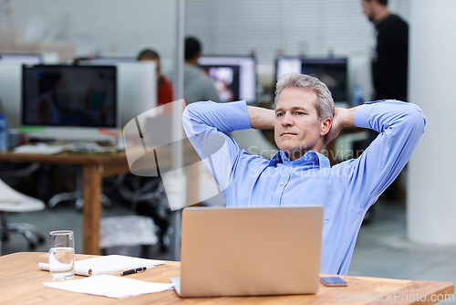 Image of Mature, businessman and thinking by laptop in workplace, planning and professional with technology in office. HR, manager and smartphone by stationary on desk and idea for staff training in company