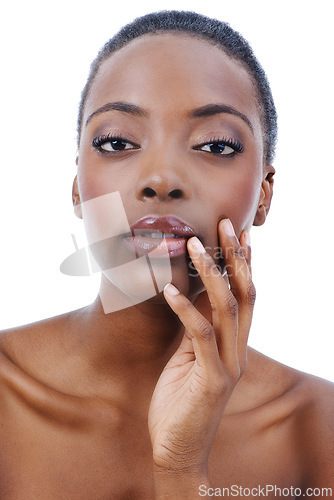 Image of Woman, portrait and skincare confidence in studio or natural beauty, cosmetics or self care. Black person, model and wellness face or dermatology treatment on white background, Kenya or mockup space