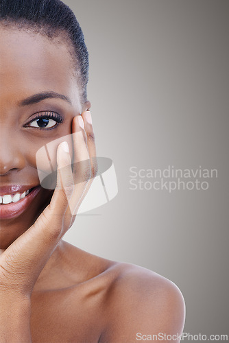 Image of Half, face and portrait of black woman for beauty, skincare and nails in salon, background or mockup. Makeup, closeup and model with natural glow on skin and hands from cosmetics or dermatology