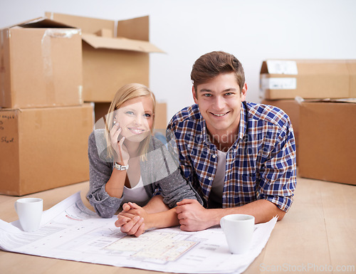 Image of Man, woman and portrait with floor plan of new home for renovation or moving boxes, apartment or relocation. Couple, face and ground with coffee or blueprints for house, development or improvement