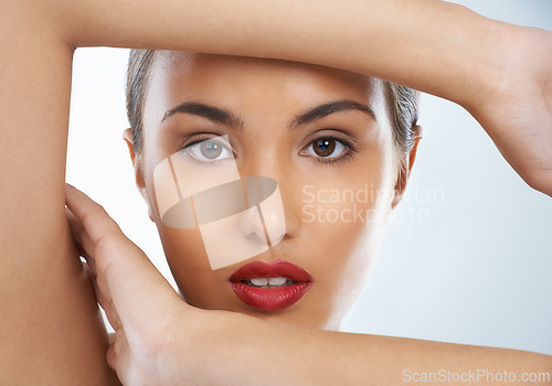 Image of Beauty, confident and portrait of woman in studio with cosmetic and face routine with red lipstick. Self care, makeup and female model with facial cosmetology treatment for glow by gray background.