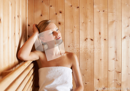 Image of Woman, beauty and wellness in sauna spa, detox and sweat for skincare or health, heat therapy and anti aging. Person, rest or wood steam room for weight loss, stress relief or body treatment for zen