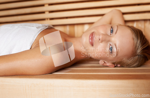 Image of Woman, relax and portrait in spa for sauna, detox and sweat for health with skincare benefits. Finland girl, body or wood steam room for weight loss, stress relief or heat therapy for beauty with zen