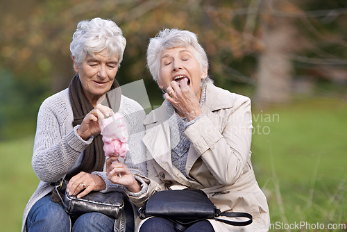 Image of Senior women, eating and hungry in nature with candy floss, together and relax on retirement in outdoor. Elderly friends, happy and junk food on vacation in countryside, bonding and social in park