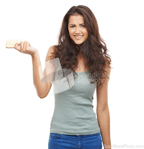 Image of Portrait, hair comb or confused woman in studio isolated on white background. Face, doubt or model with hairstyle damage, wavy split ends or shrug for problem in beauty salon treatment at hairdresser