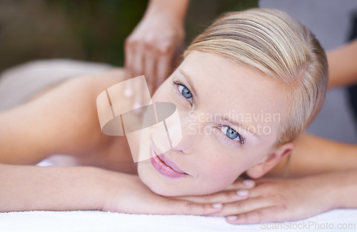 Image of Woman, therapist and massage to relax, portrait and spa for treatment and stress relief therapy. Sleeping, masseuse and wellness in resort, peaceful and hands for luxury bodycare and tranquility