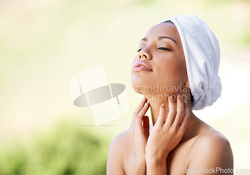 Image of Woman, relax and spa with towel outdoor with calm and peace from beauty and skincare treatment. Mockup, hotel and wellness with skin, glow and touch at a resort with facial and cosmetics with care