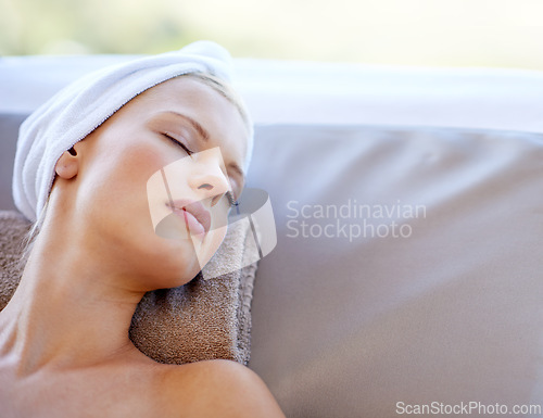 Image of Woman, spa and sleeping after massage, facial or hotel beauty treatment with mockup. Relax, calm and nap from cosmetology, care and hospitality from skincare and wellness with peace at a resort