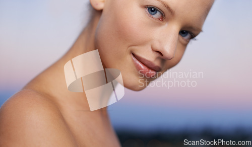 Image of Woman, portrait and skincare outdoor with beauty, spa and facial treatment at sunset with skin glow. Hotel, wellness and female person from Switzerland with cosmetics, resort and relax at dusk