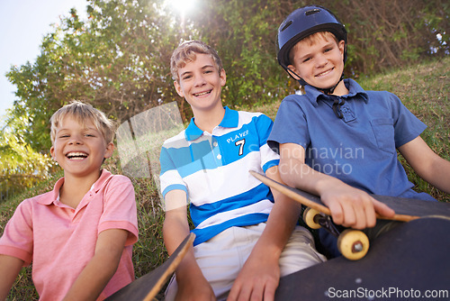 Image of Friends, children and skateboard in outdoor portrait, brothers and smiling for sports. Happy siblings, laughing and humor on adventure, bonding and funny joke or playing on vacation or holiday