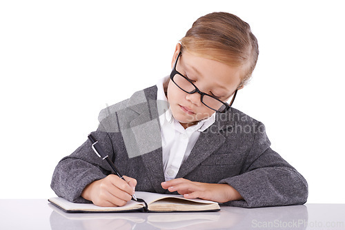 Image of Business person, notebook and child writing notes in studio, ideas and planning for company growth. Female person, pretend employee and journal for strategy, schedule and diary on white background