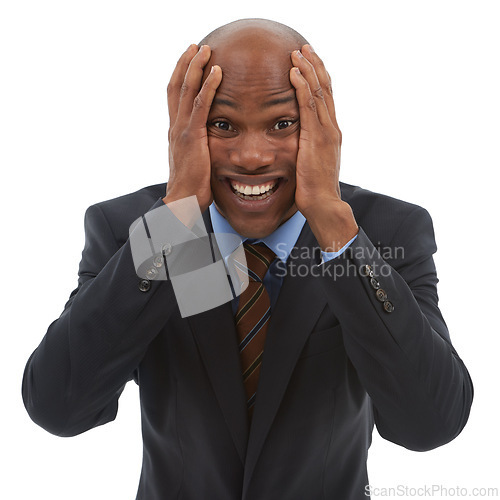 Image of Frustrated businessman, portrait or stress in anxiety with facial expression on a white studio background. Face of black man or employee with mental disorder in anticipation, burnout or bipolar