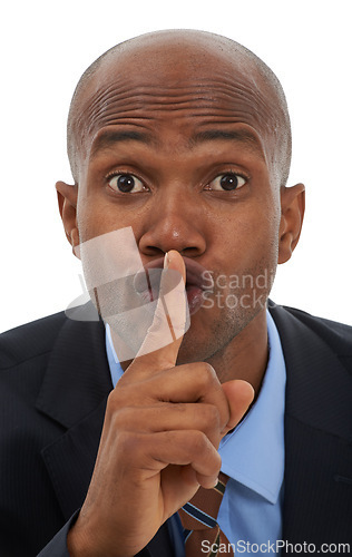 Image of Black man, portrait and hand for business secret, gossip or confidential information on a white studio background. Face of African businessman with finger on lips in silence, whisper or quiet gesture