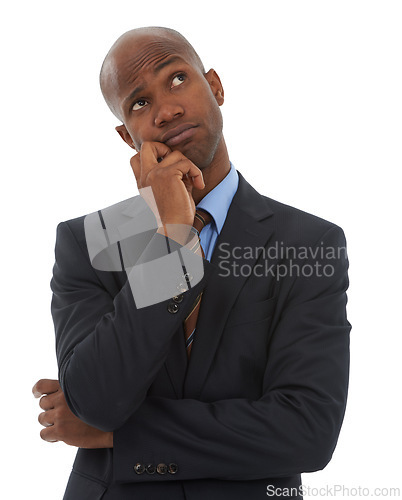 Image of Business, confused black man and thinking in studio of ideas, future decision and remember why on white background. Curious employee daydream of choice, planning solution and brainstorming questions