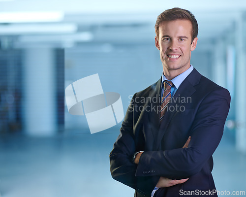 Image of Portrait, smile and business man with arms crossed for pride in corporate career in office. Face, confidence and happy professional lawyer, attorney and consultant in suit at company in Australia
