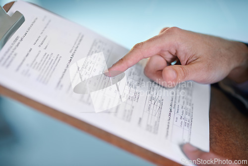 Image of Hands, financial clipboard and accountant in business for asset management, income or investment. Paperwork, auditor or closeup of professional with document for info, profit or bookkeeping in office