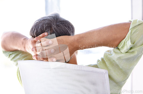 Image of Relax, man and back on chair with thinking, career satisfaction and positive for decision in company. Mature person, thought and entrepreneur for idea in business and achievement by white background