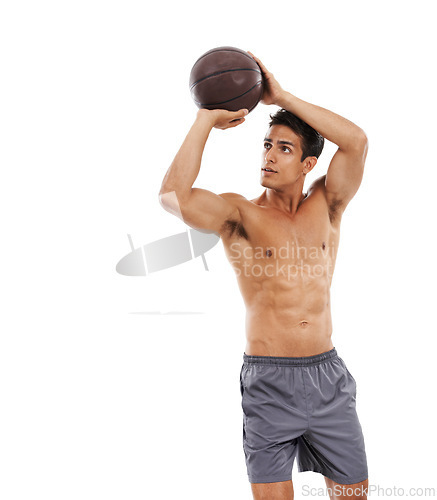 Image of Man, basketball and shooting on mockup space for scoring point or game on a white studio background. Active young male person or sports player aiming for goal or shot in fitness, training or practice