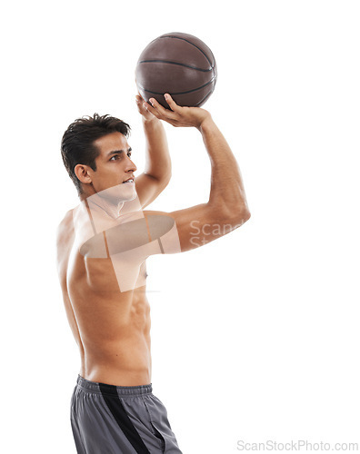 Image of Man, sports and basketball with shirtless athlete aim at target in studio for fitness and health on white background. Physical activity with muscle, training for game with workout or exercise