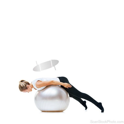 Image of Woman, body and exercise ball for workout or health and wellness on a white studio background. Active female person or athlete with round object for fitness, training or pilates on mockup space
