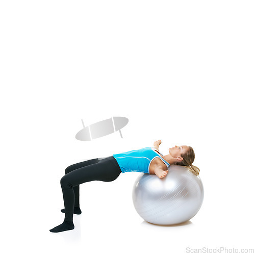 Image of Woman, body and stretching on exercise ball for workout, health and wellness on a white studio background. Female person or athlete with round object for fitness, training or pilates on mockup space