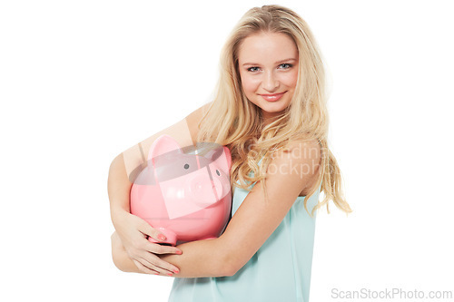 Image of Woman, piggy bank and finance or smile in studio with cash investment, financial growth or wealth. Person, money box and budget or banking for increase or income on white background with happiness