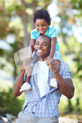 Image of Happy father, child and piggyback in forest for family bonding, adventure or outdoor holiday in nature. African dad carrying kid on shoulders with smile for walking, support or weekend in fresh air