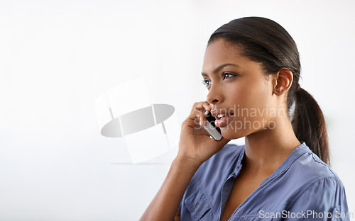 Image of Woman, phone call and thinking in studio at space for contact, conversation and communication on white background. Serious african model talking on cellphone for advice, feedback and ideas at mockup