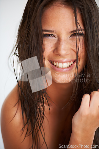 Image of Woman, portrait and washing hair with smile, hygiene and beauty with happiness on white background. Skincare, clean and dermatology with face, female and routine for grooming and cosmetic treatment