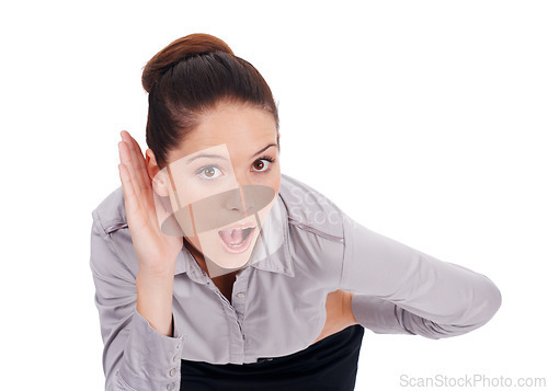 Image of Business woman, listening and wow for gossip, news or confidential intel on a white background. Portrait of young employee with palm or hands cupping ears for whisper of rumor and shocked in studio