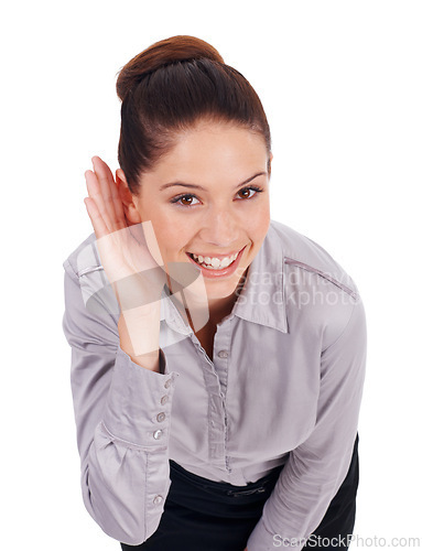 Image of Business woman, listening and secret for gossip, news or confidential intel on a white background. Portrait of young employee and palm or hands cupping ears in whisper, rumor or information in studio
