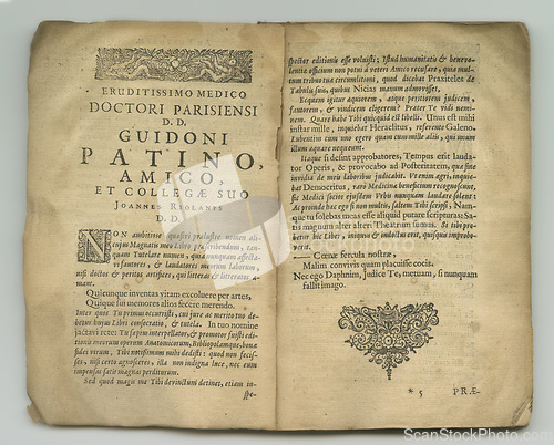 Image of Antique medical book, page or research of medicine study, historical library archive or biology reference info. Latin language, health wellness literature or old texture paper with healthcare article