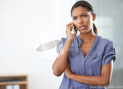 Image of Stress, phone call and angry woman in a house with network error, glitch or frustrated by phishing scam. Smartphone, conflict and female person annoyed by 404, disaster or spam conversation crisis