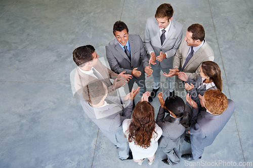 Image of Group circle, applause and business people celebrate, praise or congratulations for promotion success opportunity. Team building motivation, top view and winner celebration, clap or community support