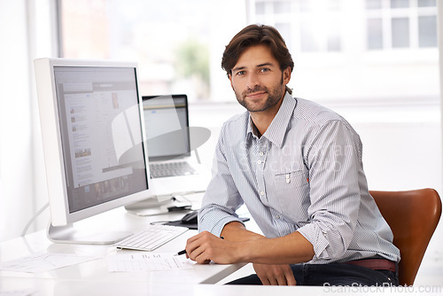 Image of Human resources, smile and portrait of businessman in office checking cv for recruitment. Technology, confident and professional male hr manager working and reading resume on computer in workplace.