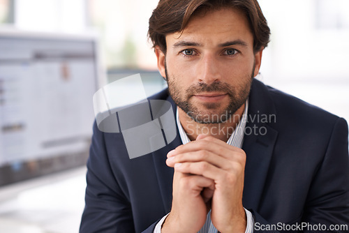 Image of Portrait, confidence and businessman in office with small business, consultant or agency career. Professional advisor, workplace and entrepreneur at desk with pride, commitment and corporate job.