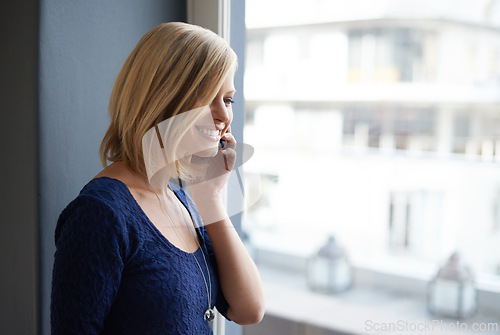 Image of Smile, phone call and woman in home, listening to contact or news by window. Smartphone, chat and happy person in communication, connection or speaking for networking in conversation on mobile tech