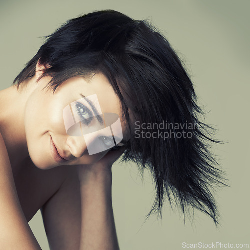 Image of Hair, portrait and woman in studio with shampoo, treatment or haircut results on wall background. Haircare, face and emo female model smile for dye, color or cosmetics, punk rocker or goth aesthetic