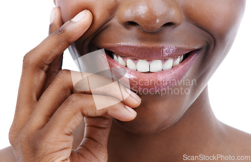 Image of Skincare, beauty and lips of happy woman on a white background smile for wellness, cosmetics and makeup. Dermatology, salon and natural face closeup of person with gloss, lipstick and teeth in studio