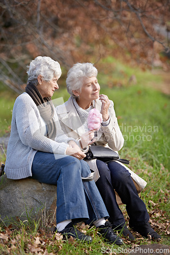Image of Elderly women, hungry and snack in park with candy floss, happy and together to relax on retirement in outdoor. Senior friends, smile and junk food on vacation in countryside and bonding in nature