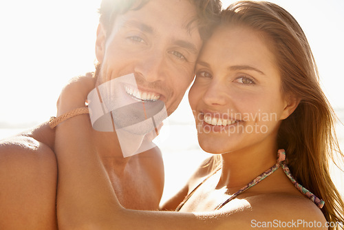 Image of Beach, hug and portrait of couple smile for summer sunshine, outdoor wellness or travel holiday in Argentina. Happiness, love and face of romantic man, woman or marriage partner on honeymoon vacation