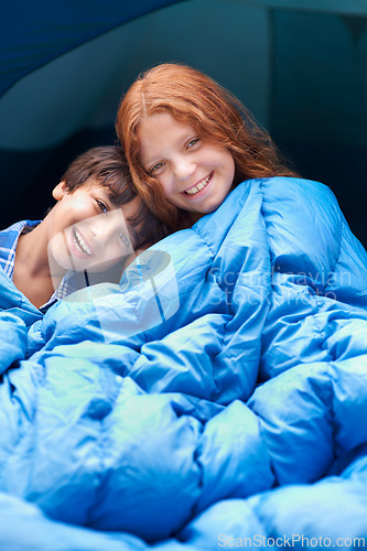 Image of Happy, portrait and children hug with blanket for camping, comfort and bonding outdoor together. Family, love and face of kids outside for journey, fun or adventure in a forest for vacation sleepover