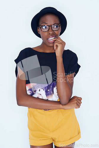 Image of Fashion, thinking and confused with hipster black woman in studio on white background for style. Doubt, question and idea for solution with young person in trendy clothes outfit for problem solving