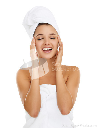 Image of Towel, beauty studio and woman happy for morning routine, self care treatment or feeling collagen results. Bathroom, eyes closed and girl with skincare, hygiene or clean skin on white background