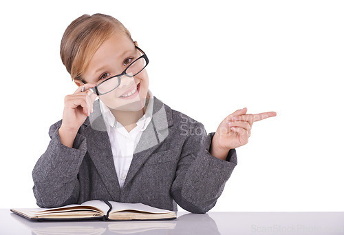 Image of Business, pointing and child in studio portrait, ideas and planning for company growth. Female person, pretend employee and journal for strategy, schedule and diary checklist on white background