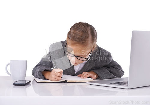 Image of Business professional, notebook and child planning in studio, ideas and writing agenda in diary. Female person, pretend employee and notes in journal, online research and laptop on white background