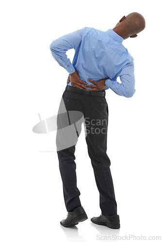 Image of Stress, studio or African businessman with back pain injury, fatigue or burnout on white background. Posture problem, tired employee or injured worker frustrated by muscle tension, spine or crisis