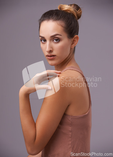 Image of Portrait of woman, natural or skincare for dermatology, facial beauty or cosmetics for healthy glow. Isolated, results or confident model with smooth shine or wellness in studio on purple background