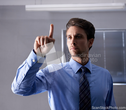 Image of Businessman, touch and finger interface for dashboard technology, futuristic and tech innovation in office. Entrepreneur, virtual or search with hand on screen, choice or serious professional at work